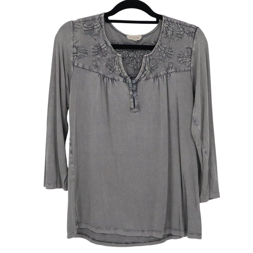 Solitaire Embroidered Top Women S Gray Boho Casual Dainty Delicate Feminine Folk